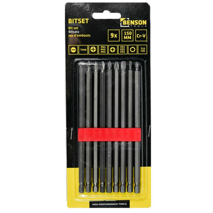 10-delige bitset 150mm, Torx, PH, PZ voor moeilijk bereikbare plaatsen.