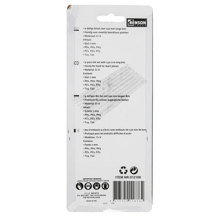 10-delige bitset 150mm, Torx, PH, PZ voor moeilijk bereikbare plaatsen.