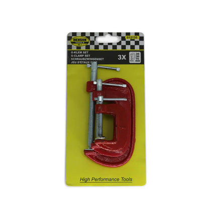 G-klem set 3 dlg: 25, 50, 75 mm voor hout- en metaalbewerking