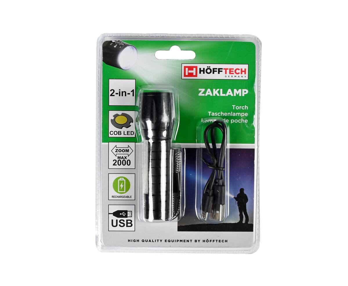 3W LED Zaklamp COB 2-in-1, Zoom 2000X, Oplaadbaar, 5u Looptijd