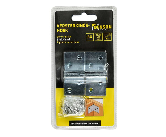 Versterkingshoek 8st 30x30x30mm, ideaal voor haakse verbindingen.