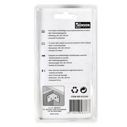 Versterkingshoek 8st 30x30x30mm, ideaal voor haakse verbindingen.