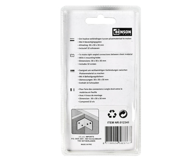 Versterkingshoek 8st 30x30x30mm, ideaal voor haakse verbindingen.