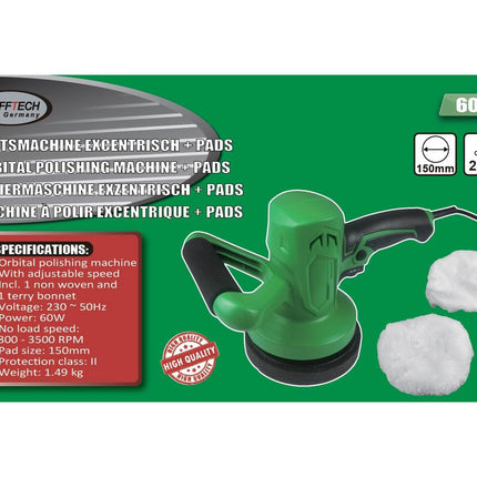 Excentrische Poetsmachine 60W, Ø150mm Pads, Regelbare Snelheid, 1.49kg