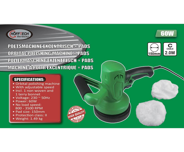 Excentrische Poetsmachine 60W, Ø150mm Pads, Regelbare Snelheid, 1.49kg