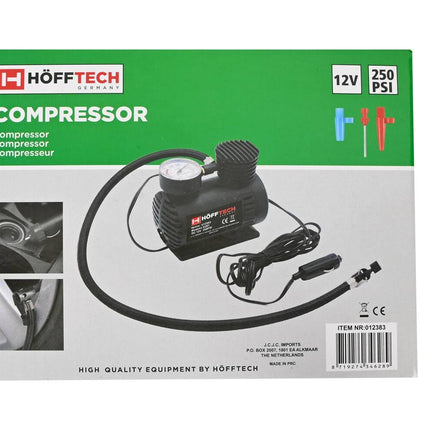 Compressor 12V 280 PSI, ideaal voor autobanden en sportartikelen.