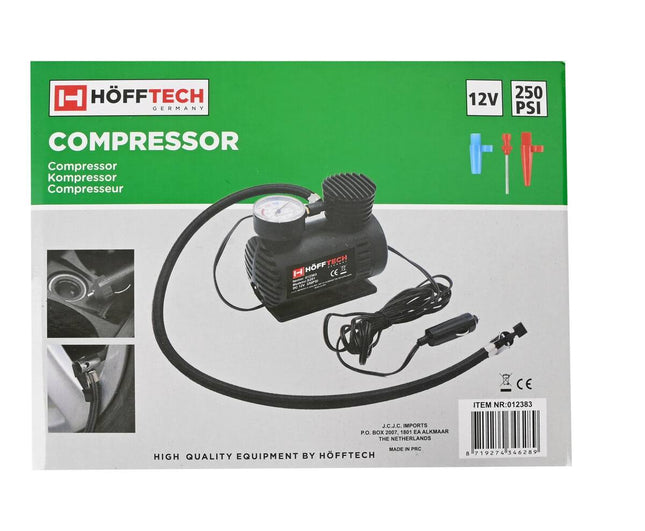 Compressor 12V 280 PSI, ideaal voor autobanden en sportartikelen.