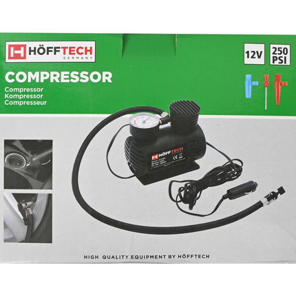 Compressor 12V 280 PSI, ideaal voor autobanden en sportartikelen.