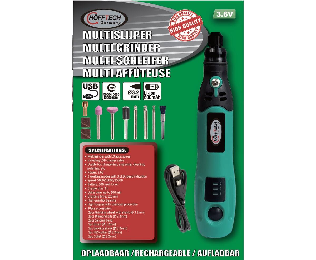 Multislijper 3.6V, 10 Opzetstukken, 5000-15000 RPM, Oplaadbaar