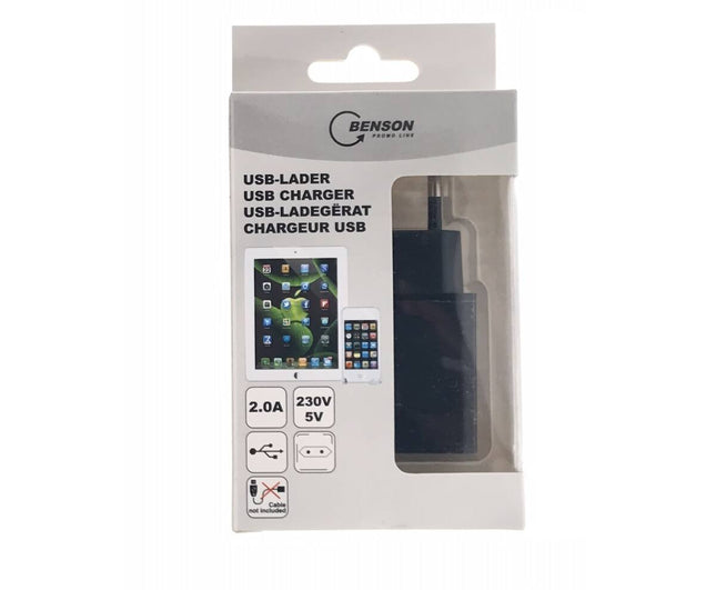 USB-A Lader 2A Zwart, Snel Opladen voor Smartphones/Tablets