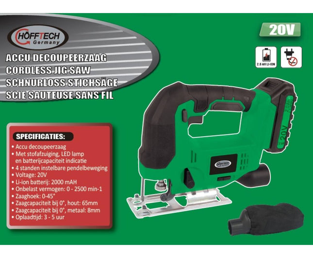Accu Decoupeerzaag 20V 2000 mAh, 0-2500 RPM, Zaagdiepte 65mm Hout