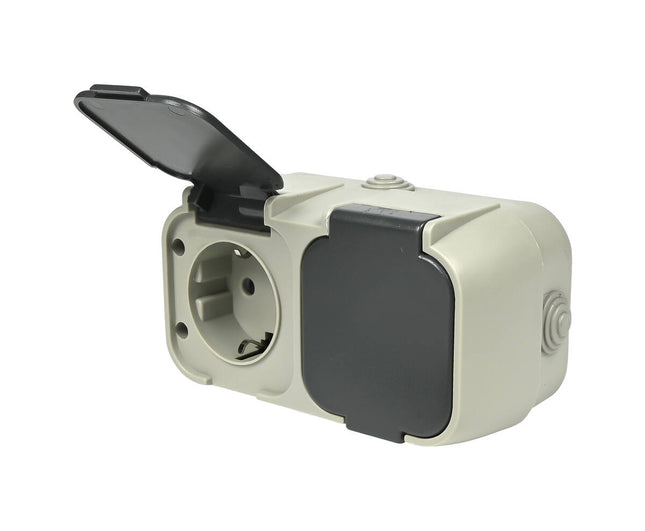 2-voudig IP54 stopcontact voor vochtige ruimtes, 250V AC, 16A max