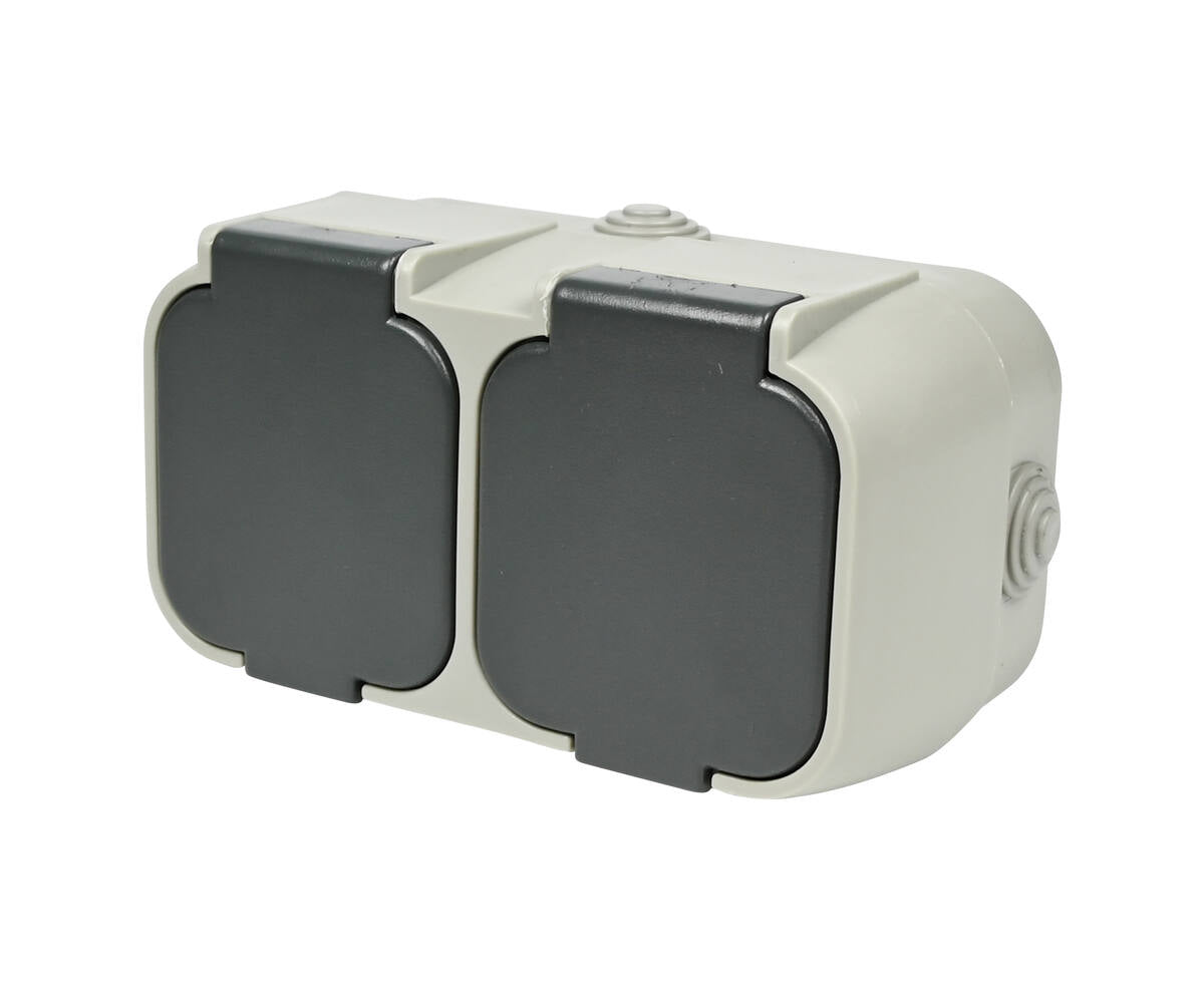 2-voudig IP54 stopcontact voor vochtige ruimtes, 250V AC, 16A max