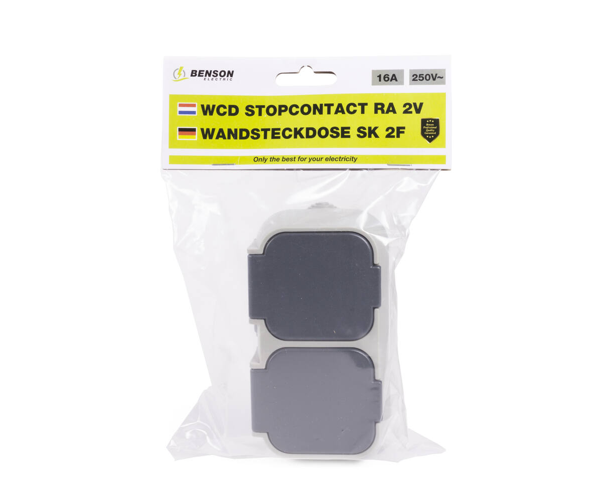 2-voudig IP54 stopcontact voor vochtige ruimtes, 250V AC, 16A max