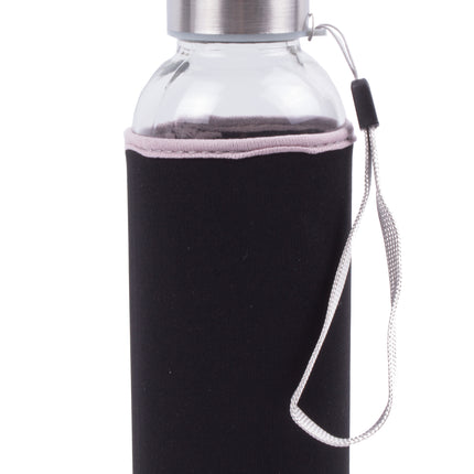 Drinkfles glas 420 ml met zwarte hoes – Inhoud 420 ml, Hoogte fles 19 cm, 19 cm
