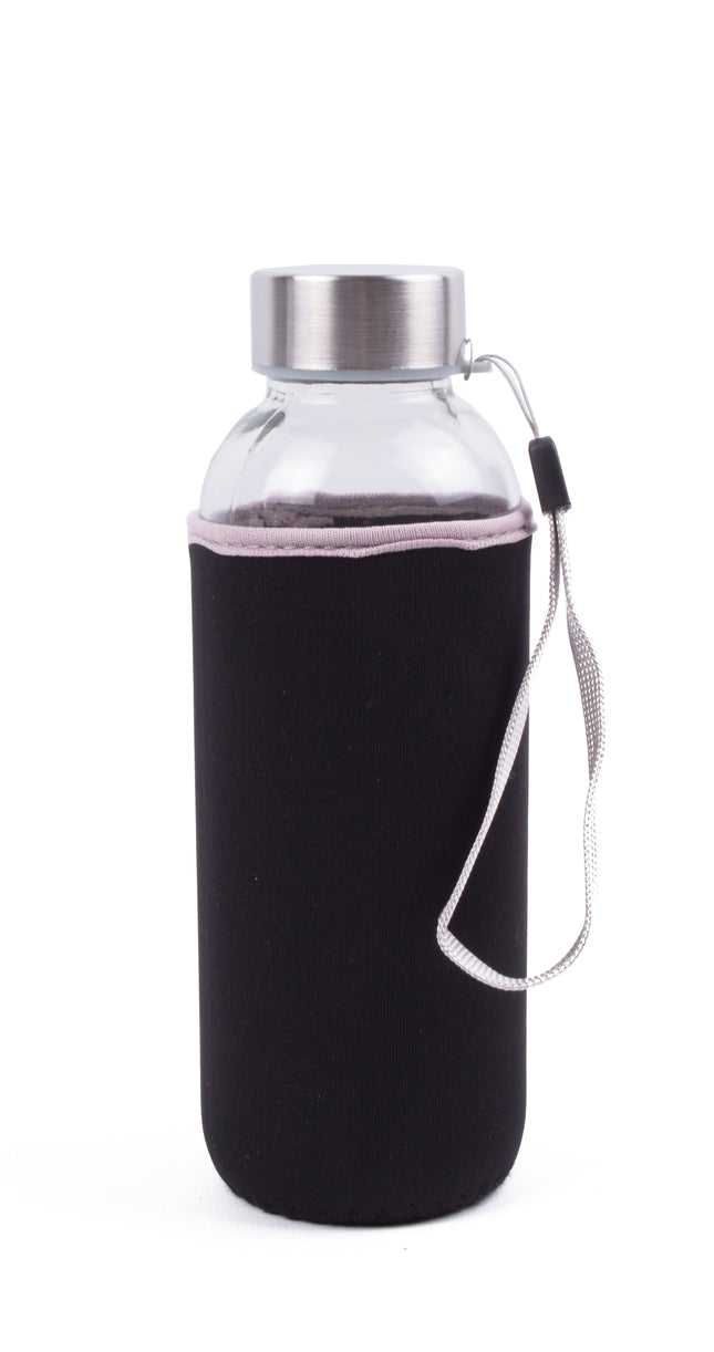 Drinkfles glas 420 ml met zwarte hoes – Inhoud 420 ml, Hoogte fles 19 cm, 19 cm