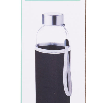 Drinkfles glas 420 ml met zwarte hoes – Inhoud 420 ml, Hoogte fles 19 cm, 19 cm