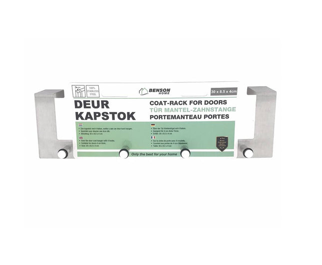 Deurkapstok RVS, 4 haken, past tot 40mm deur, ideaal voor jassen.