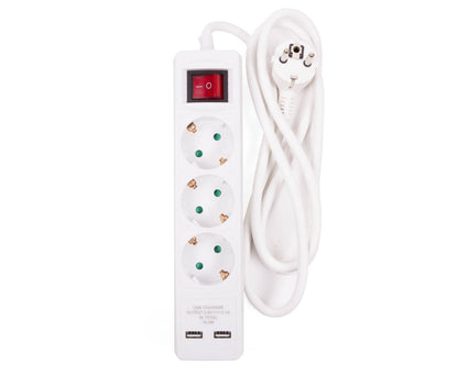3-voudige Stekkerdoos met Schakelaar, 2 USB-Poorten, 1.5m Kabel