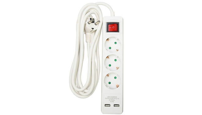 Stekkerdoos 3-voudig + RA 3 x 1.5 + schakelaar + 2 x USB + 3 mtr