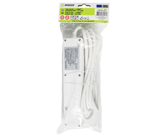 Stekkerdoos 3-voudig, 2 USB, Schakelaar, 3m Kabel, RA-aansluiting