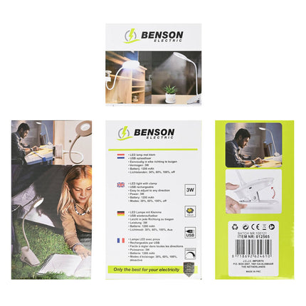 LED Klemlamp 3W USB Oplaadbaar, Dimbaar voor Lezen en Werkplek