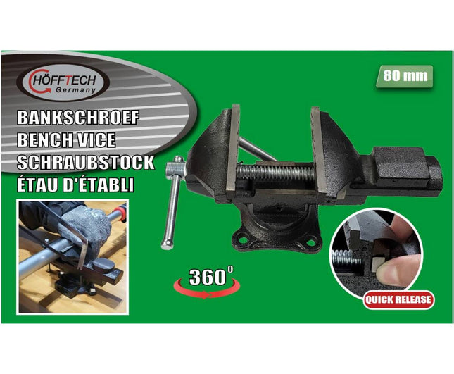 Bankschroef 80mm Quick Release, 360° draaivoet, gietijzer, werkbank.