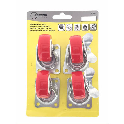 Zwenkwiel Set 50 mm Rood 4-delig, 2x Rem, Voor Karren & Trolleys