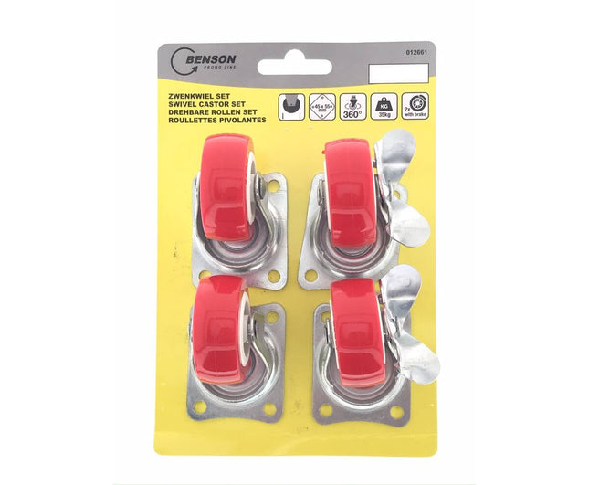 Zwenkwiel Set 50 mm Rood 4-delig, 2x Rem, Voor Karren & Trolleys