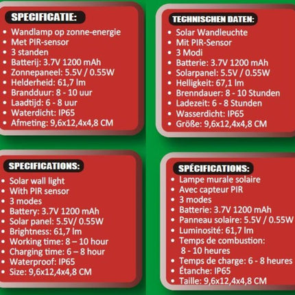 Solar LED Wandlamp met PIR Sensor, IP65, Buitenverlichting, 3.7V Li-Battery