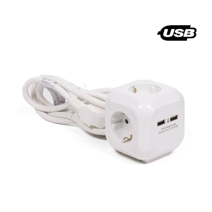 Stekkerdoos 3xRA, 2xUSB 2.4A, 1.5m kabel, ideaal voor opladen.