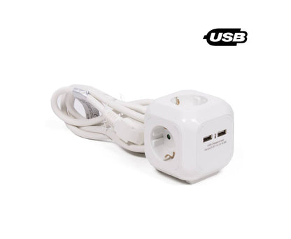Stekkerdoos 3xRA, 2xUSB 2.4A, 1.5m kabel, ideaal voor opladen.