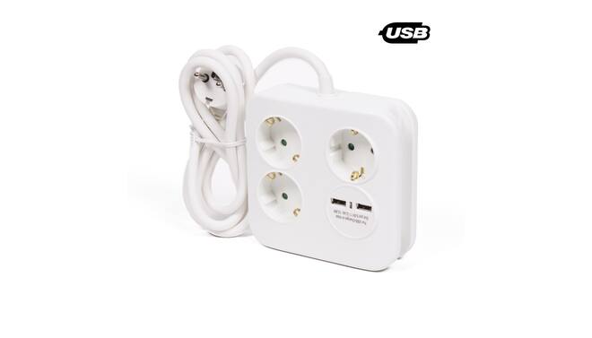 Stekkerdoos 3-voudig + RA + 2 USB 2.4a 1.5 mtr vierkant