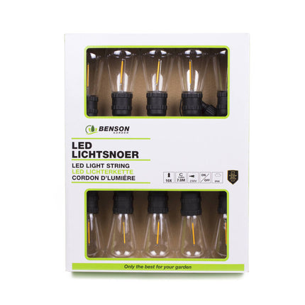LED Lichtsnoer 7m, 10x S14 Lampen, Warm Wit, Timer, Buiten gebruik