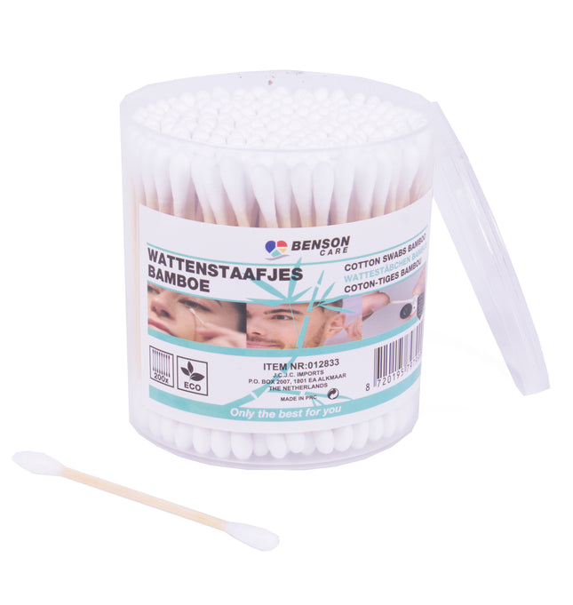 Wattenstaafjes bamboe 200 dlg plastic doos – Lengte ca. 7,5cm, Inhoud 200 wattenstaafjes