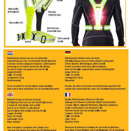 LED veiligheidsvest – Gewicht 130 gram, Kleur Geel, Materiaal Kunststof, Waterbestendig