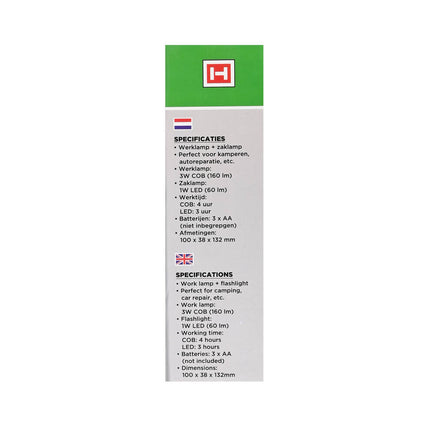 Draagbare 3W COB LED Werklamp + 1W Zaklamp voor Kamperen