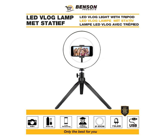 LED Vlog Lamp 20 cm: Dimbare 72 LED, Tafelstatief, 3 Kleurmodi