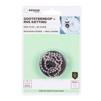 Gootsteendop 44 mm RVS, 30 cm ketting, past standaardafvoeren.