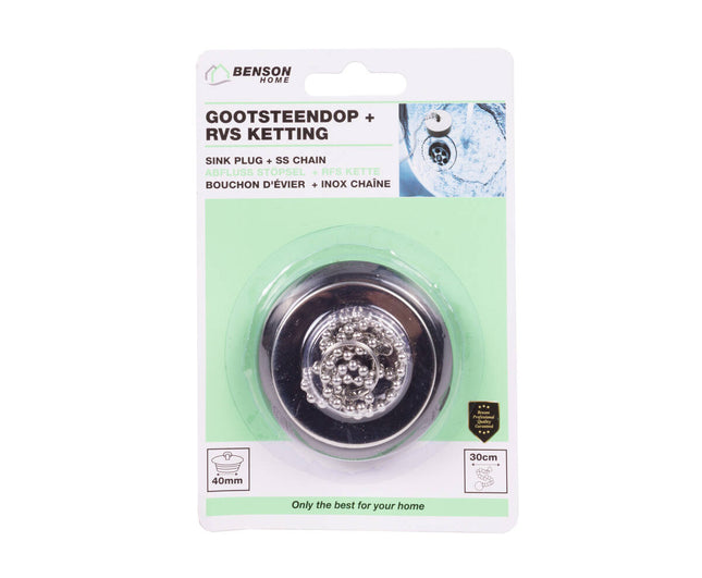 Gootsteendop 40mm RVS Ketting 30cm, Voor Standaard Afvoerafsluiting