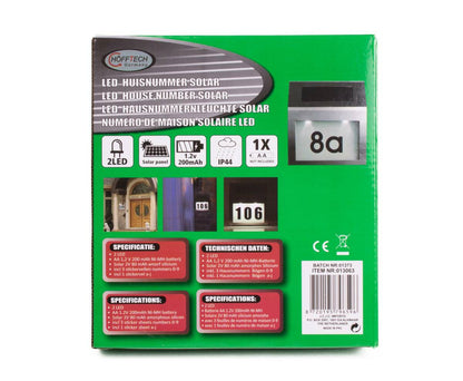 LED Huisnummer Solar RVS, 2 LED, IP44, 1,2V 200mAh, Buitenverlichting