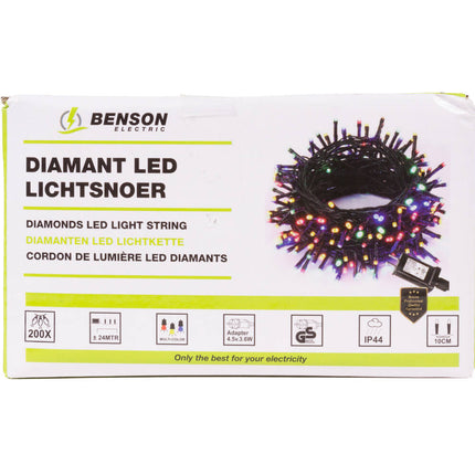 LED Diamant Lichtsnoer 24m, 200 LED's, IP44, Binnen/Buiten Gebruik