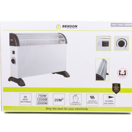 Heater Convector 750/1250/2000W, Wit - Verwarmt Ruimtes tot 20m²