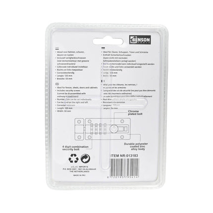 Deurschuif 120mm met Cijferslot voor Schuur- en Poortbeveiliging