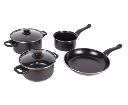 Pannenset 6-delig: 25cm koekenpan, 16cm steelpan, 2 pannen met deksel