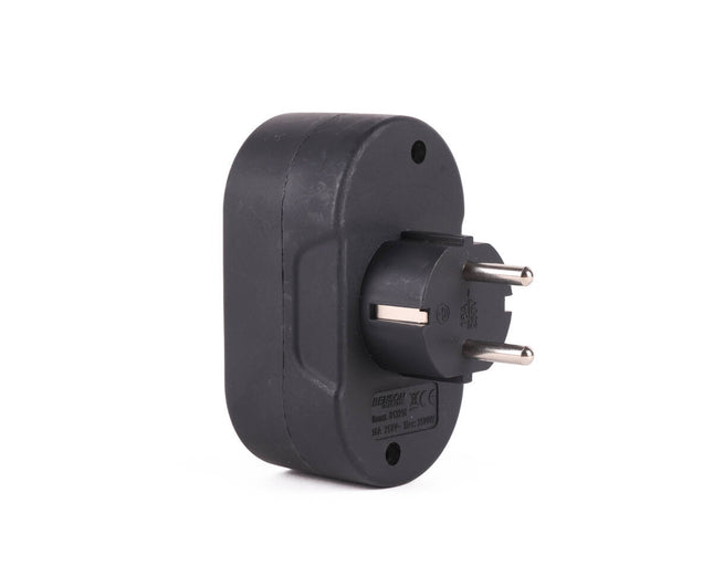 Stekker Duo Verloop 16A/250V Zwart, ideaal voor krappe ruimtes.