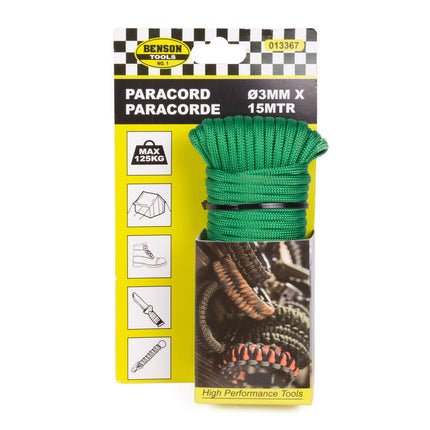 Paracord 3mm x 15m, Groen, 125kg Belastbaar, Voor Kamperen & DIY