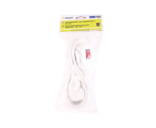 Verlengsnoer 3m, RA 3x1, schakelaar, 16A 230V, max 2500W, ideaal thuis.