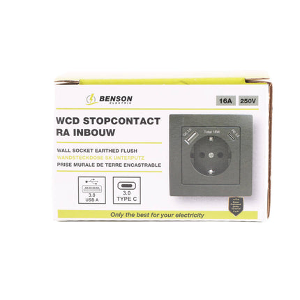Stopcontact RA Inbouw Zwart met USB-A/C, 18W, 250VAC, 81x81x46mm.