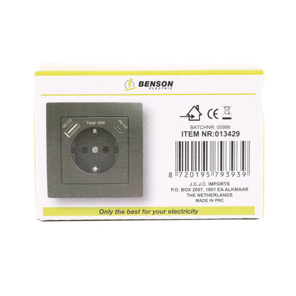 Stopcontact RA Inbouw Zwart met USB-A/C, 18W, 250VAC, 81x81x46mm.